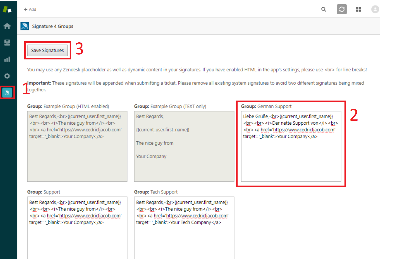 Signature 4 Groups editor with one signature field per group