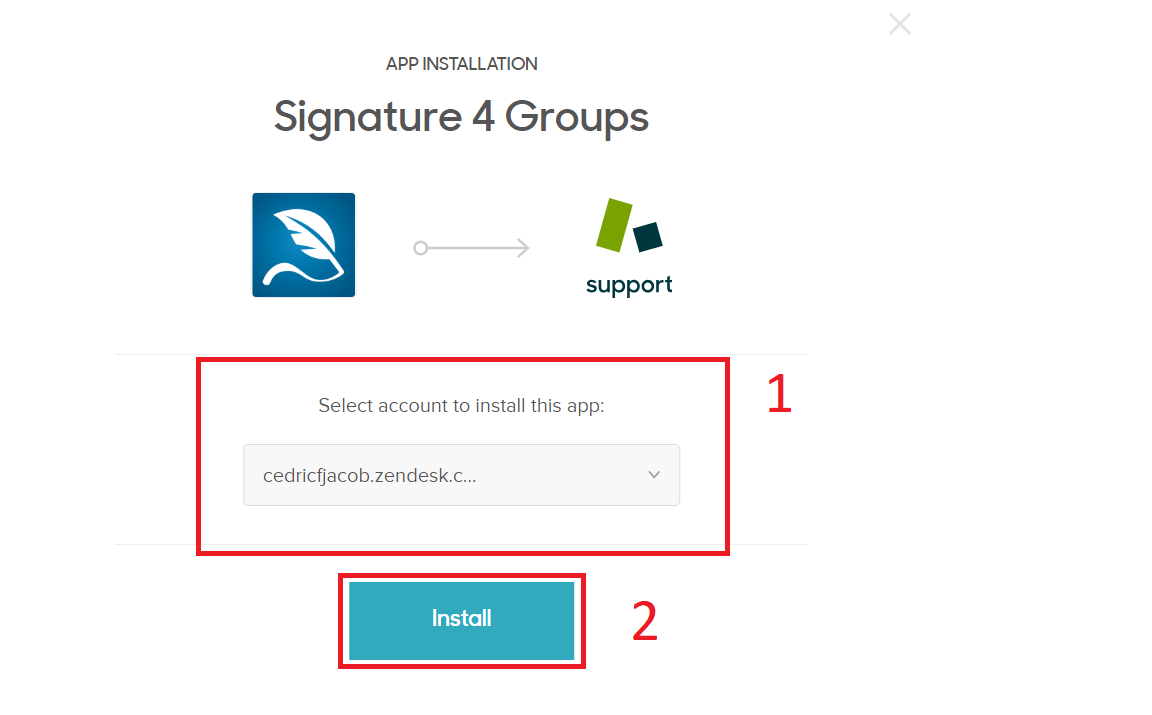 Account selection dialog with the Install button