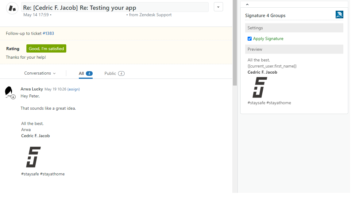 Ticket view with the Signature 4 Groups preview in the sidebar