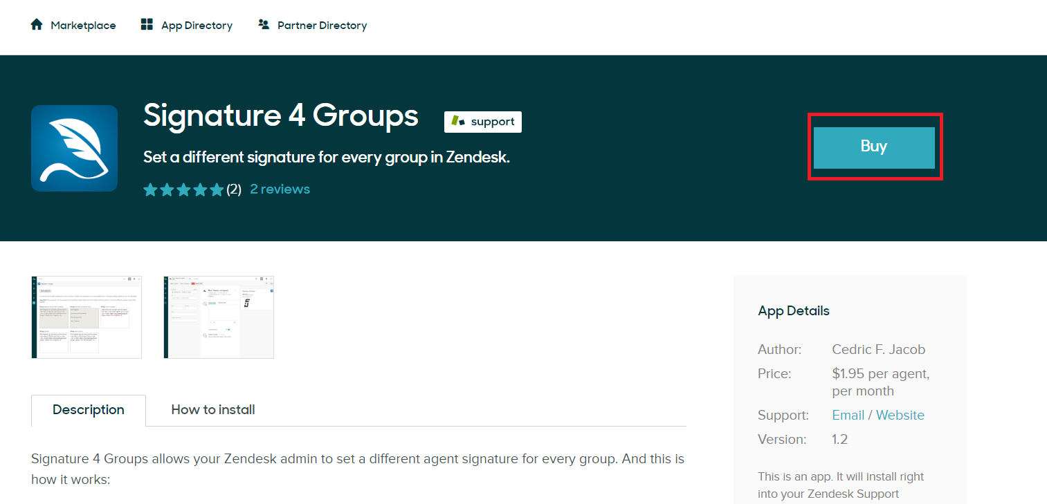Signature 4 Groups listing on the Zendesk Marketplace with the Buy button