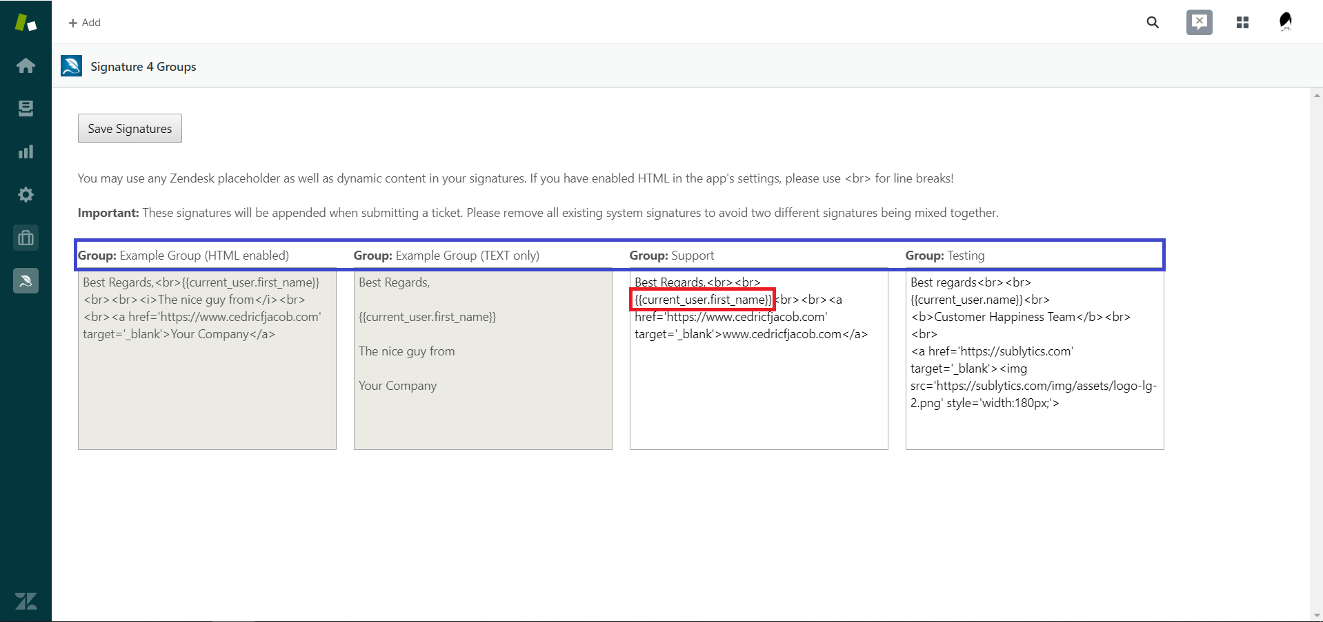Signature 4 Groups editor: groups highlighted in blue, placeholders highlighted in red