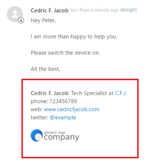 Customer reply showing a group-specific signature