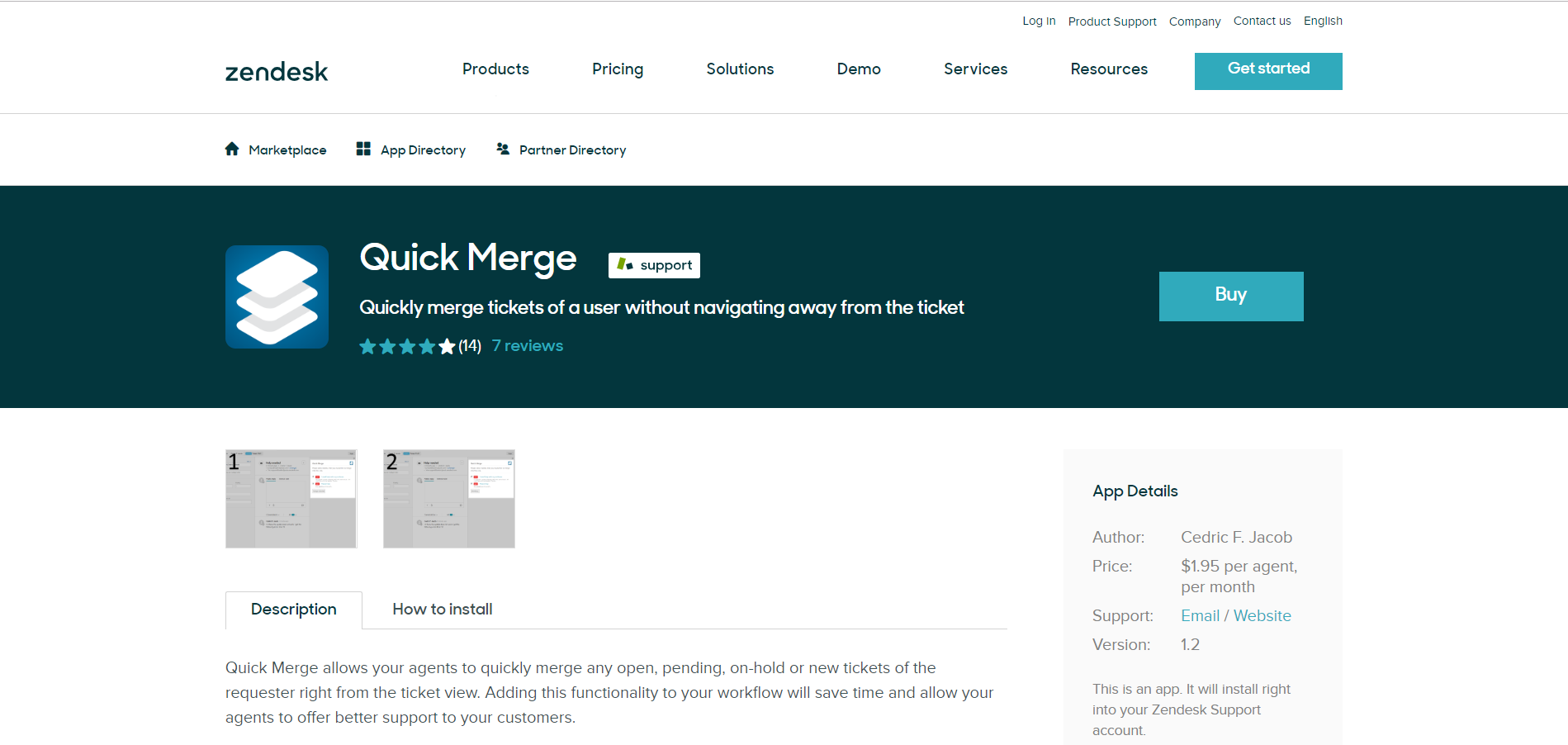 Quick Merge listing on the Zendesk Marketplace with the BUY button