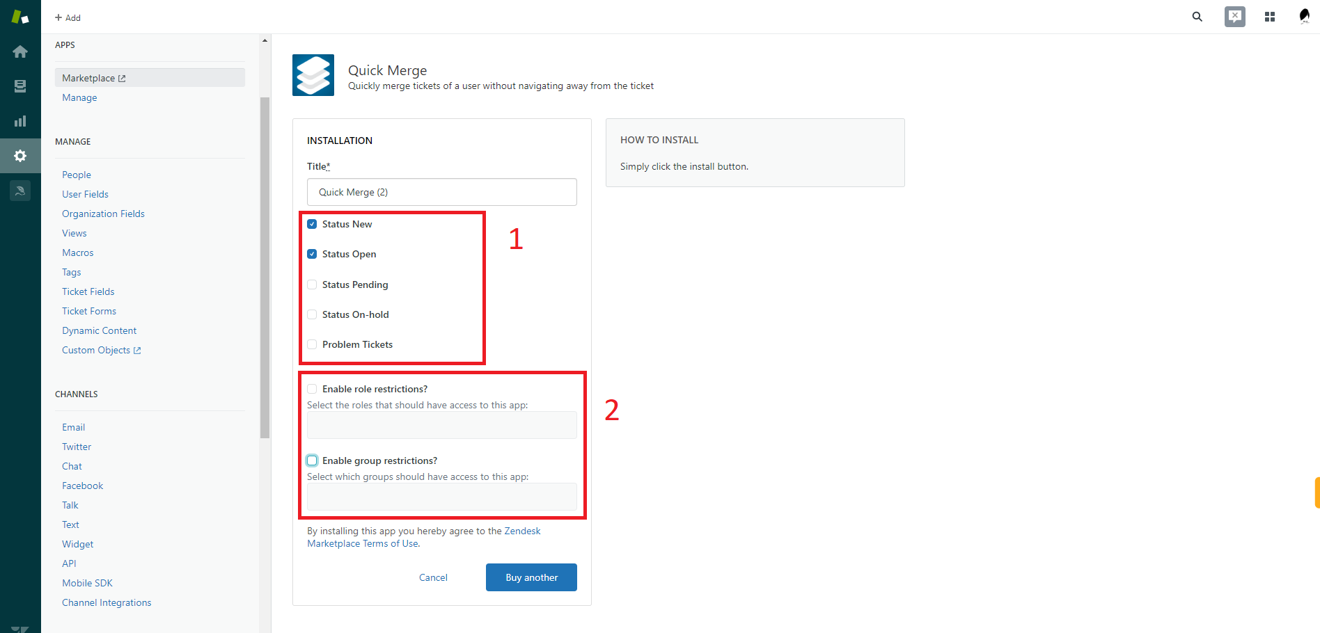 Quick Merge app settings with ticket status, group and role options