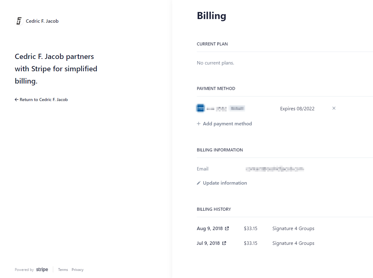 Customer portal page for updating payment details