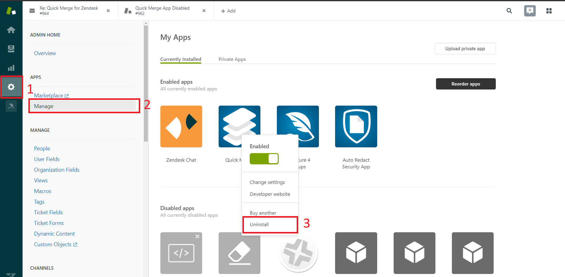 App settings menu in Zendesk with the Uninstall option